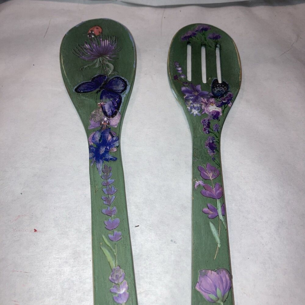 Hand Painted Wooden Salad Servers Upcycled Wood Utensils Purple wildflower